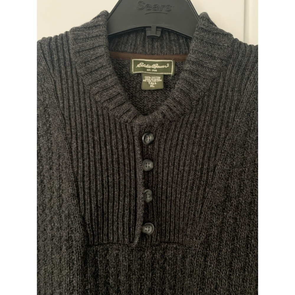 Vintage Eddie Bauer Gray Cable Knit Sweater Pullover  1/4 Buttoned Men's XL Tall